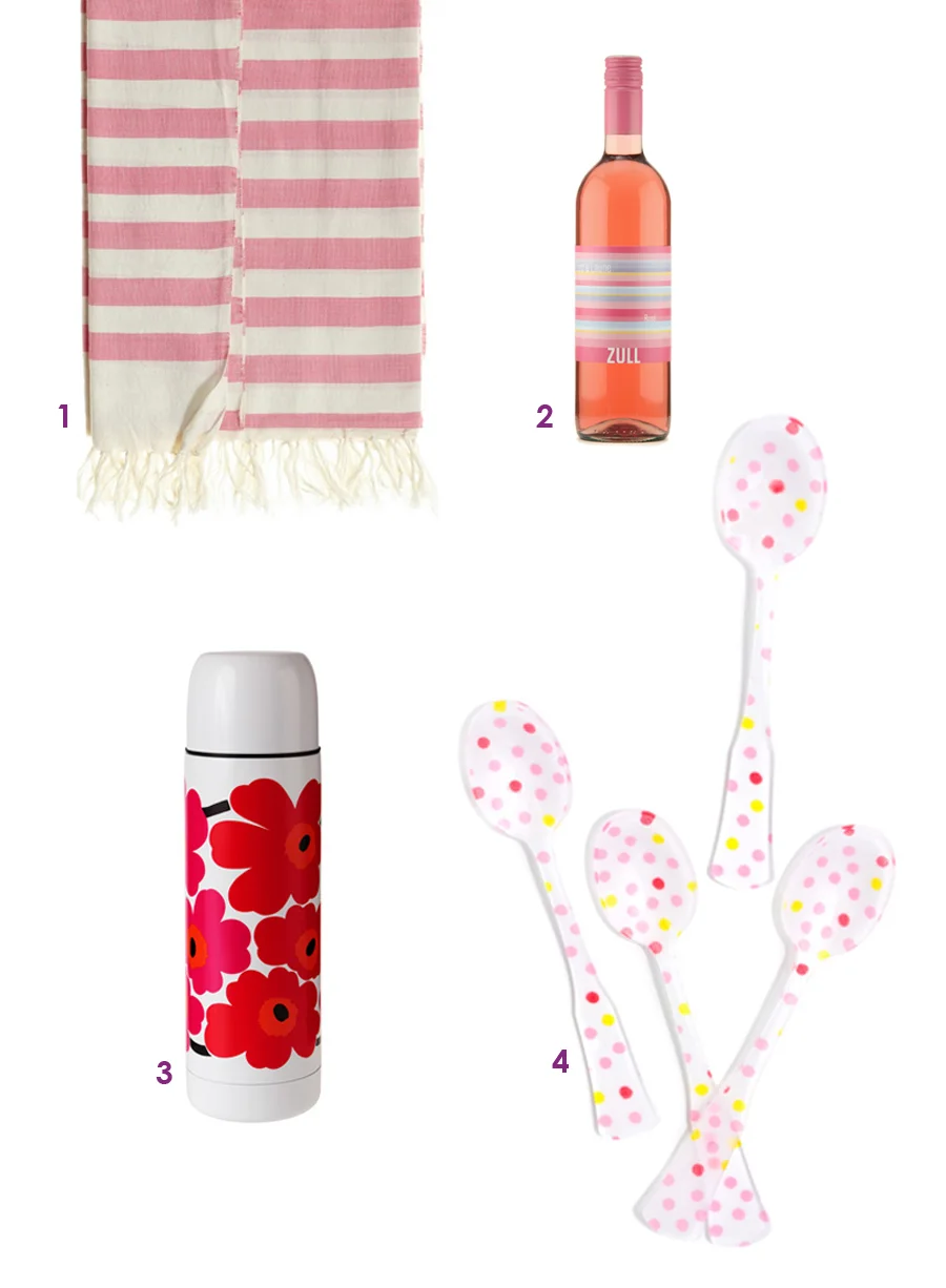 1. Striped Beach Towel, Calypso 2. Rose, Zull Wines 3. Insulated Bottle, Marimekko 4. Confetti Dot Teaspoon Set, LEIF