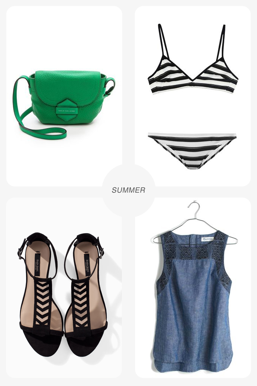 Clockwise from top left: Marc by Marc Jacobs bag/ Shopbop ; Chloe Swimwear/ MatchesFashion ; Linen Shirt/ Madewell ; Lattice sandal/ Zara