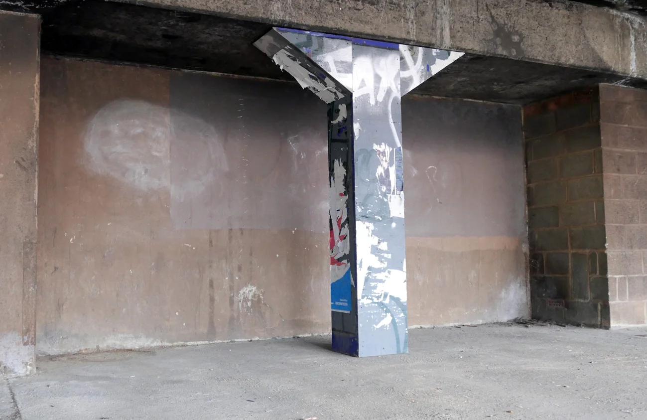 Community support. sculpture from wooden building site hoardings. Recreational Grounds, Wendover estate car park London July 2018