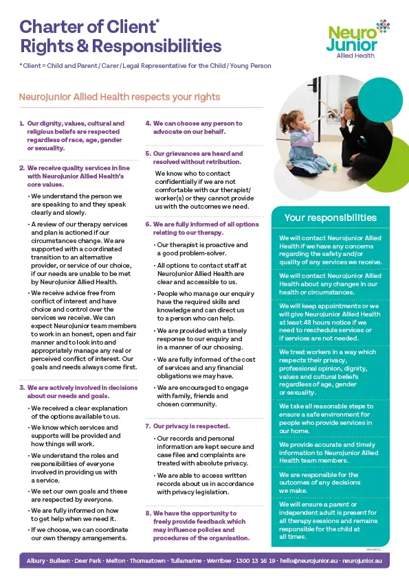 NeuroJunior Client Rights & Responsibilities flyer