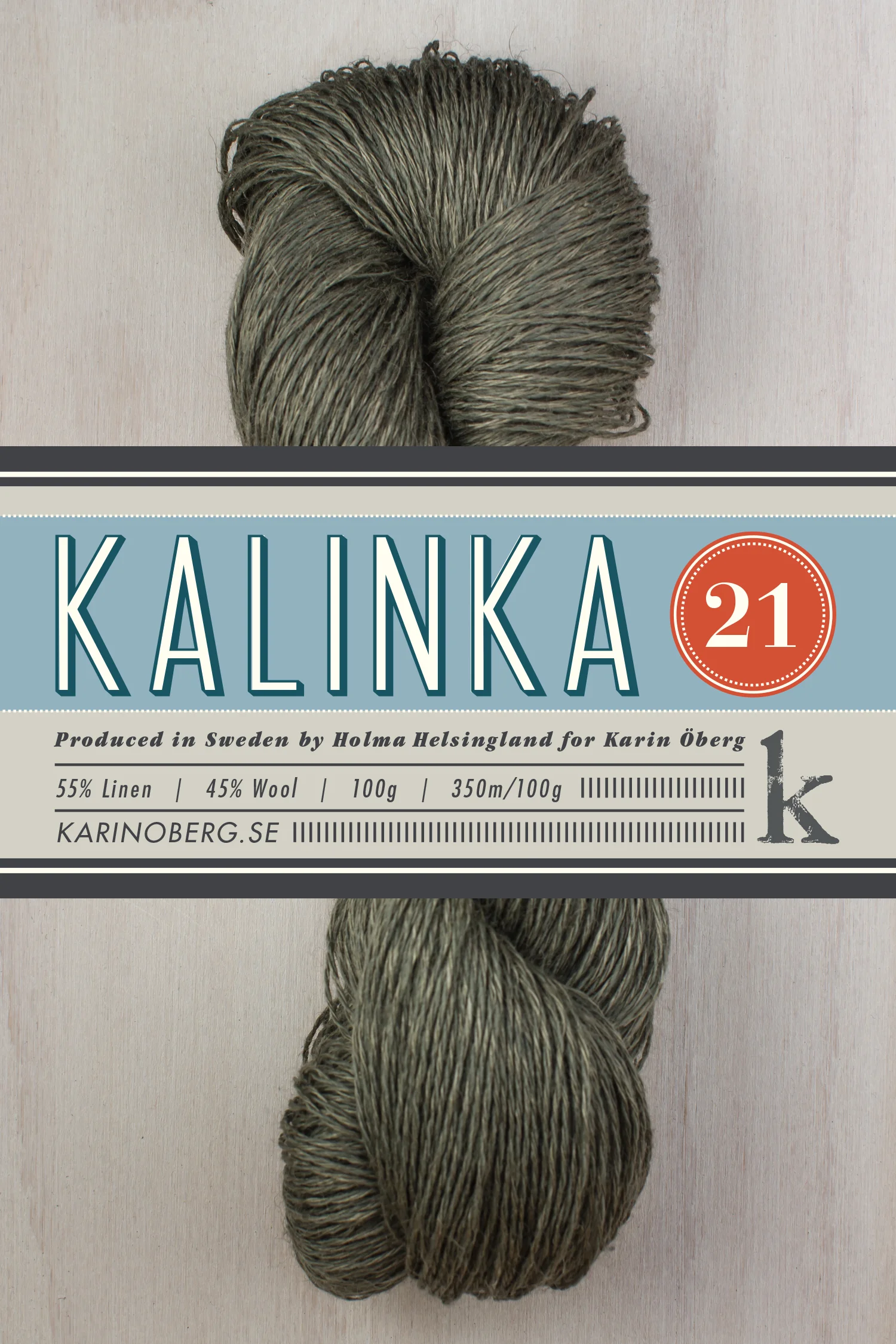 Kalinka 21, 55% linen 45% wool ( click picture for more colors) In 2015 I added another yarn quality to my selection, Kalinka 21. The yarn consists of 55% linen and 45% lambs wool. Yarn facts 350sts/100g, gauge approx. 26sts/10cm on 3mm needles Washing instructions Hand wash or machine wash cold with gentle cycle. Line dry.
