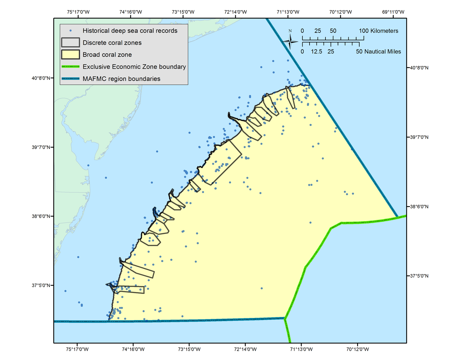 Map: Approximation of Deep Sea Coral Zones (click to enlarge).