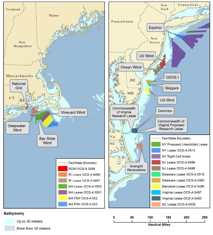 Atlantic Outer Continental Shelf Renewable Energy Projects in New England and Mid-Atlantic waters. – BOEM graphic (click map to expand)