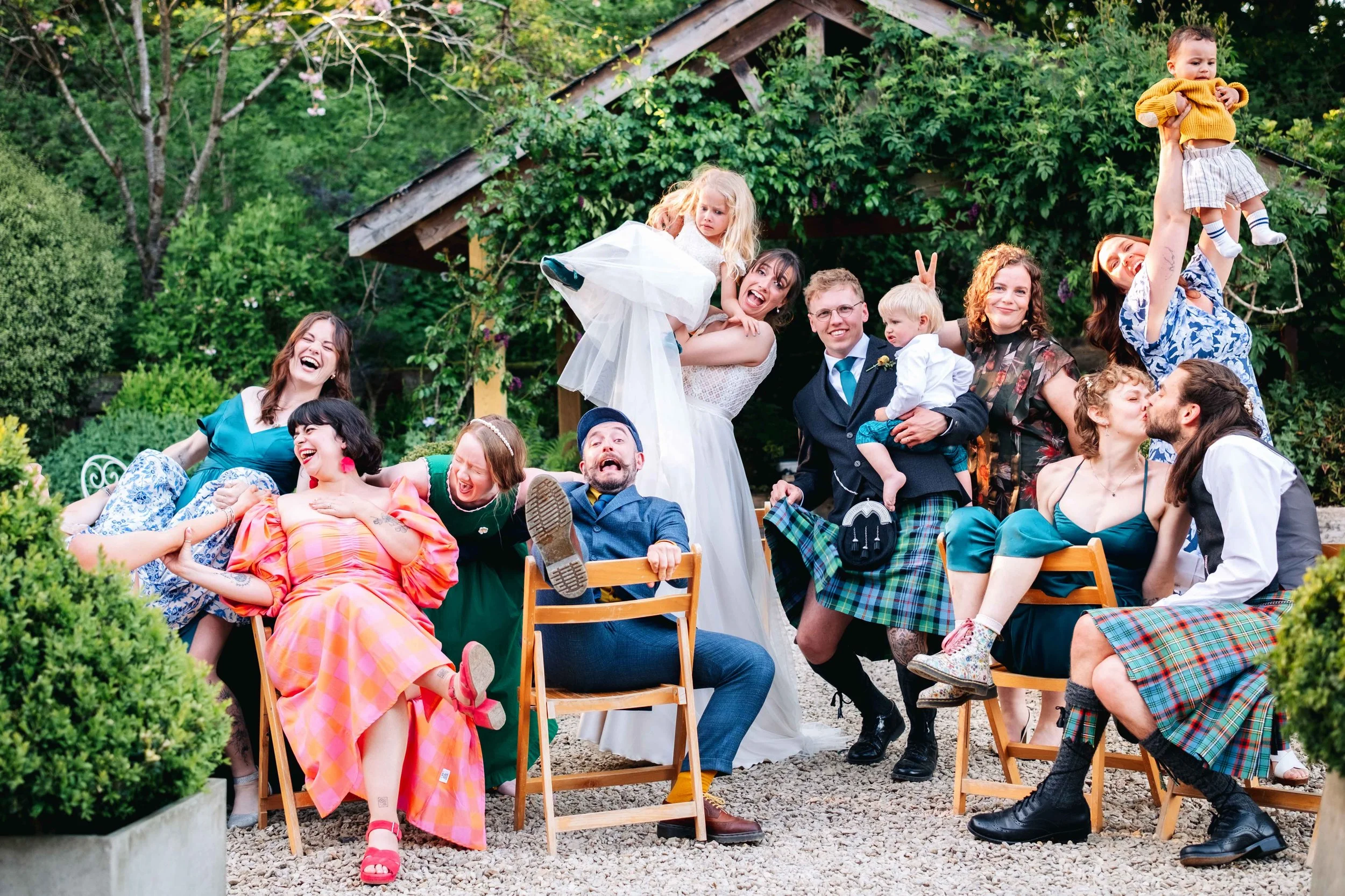 wedding group photo fun at Ashley wood farm