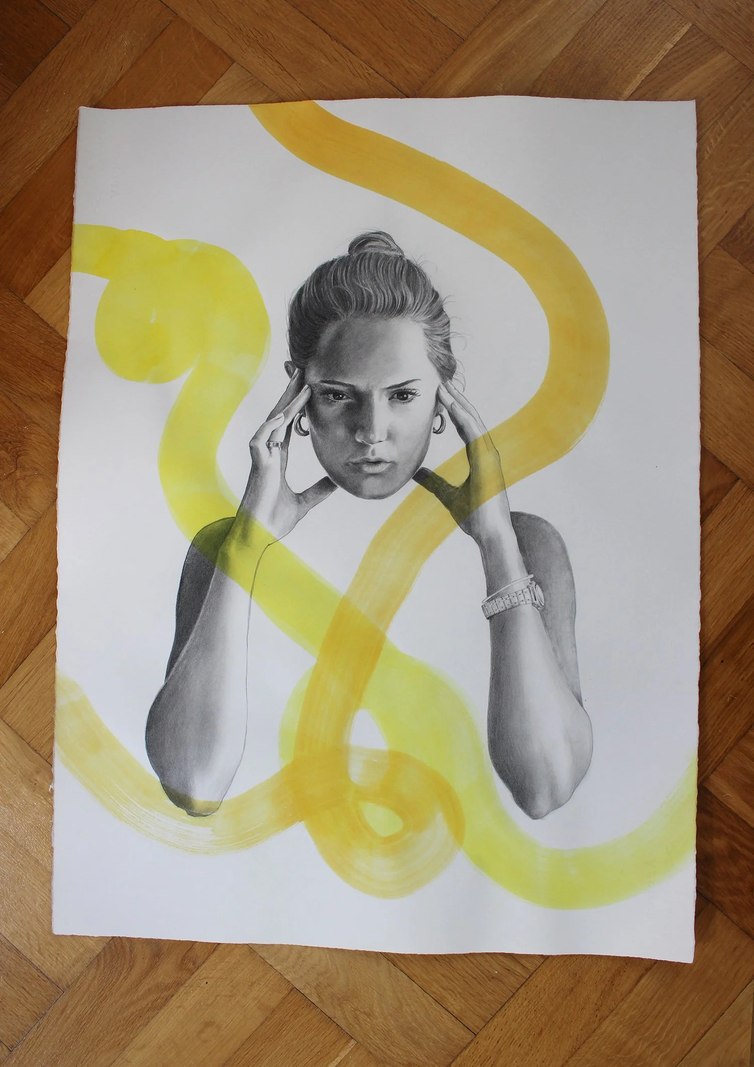 Ester 2, porträtt i blyerts/gouache