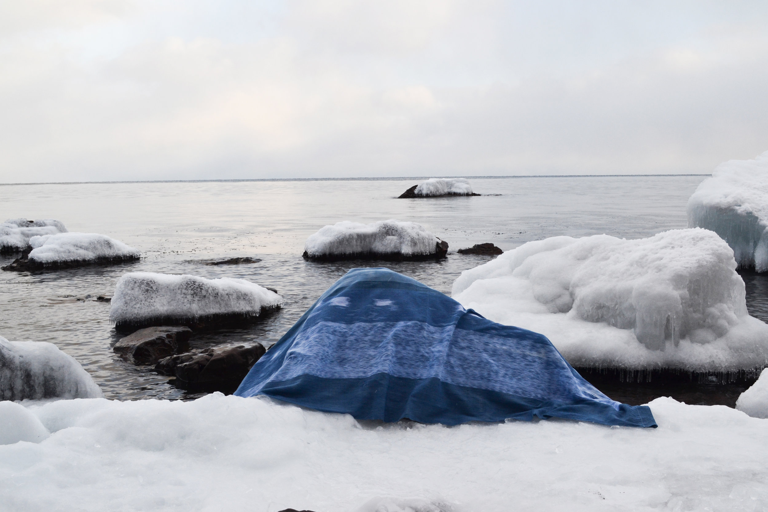   Banner-Scape No. 1: Lake Michigan, IL . Hand-woven, indigo dyed cloth with an ikat resist, 2012. 