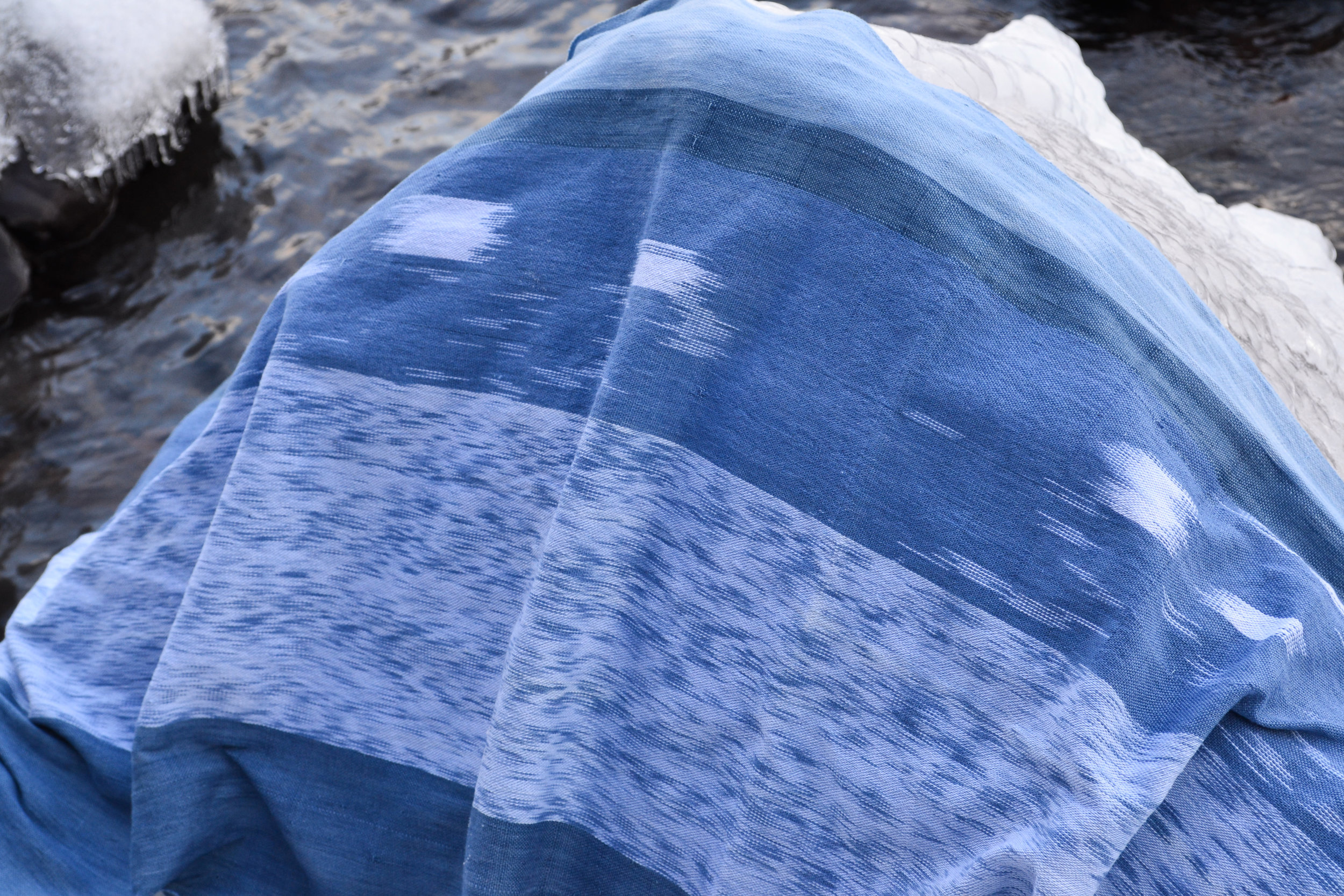   Banner-Scape No. 1: Lake Michigan, IL . Hand-woven, indigo dyed cloth with an ikat resist, 2012. 