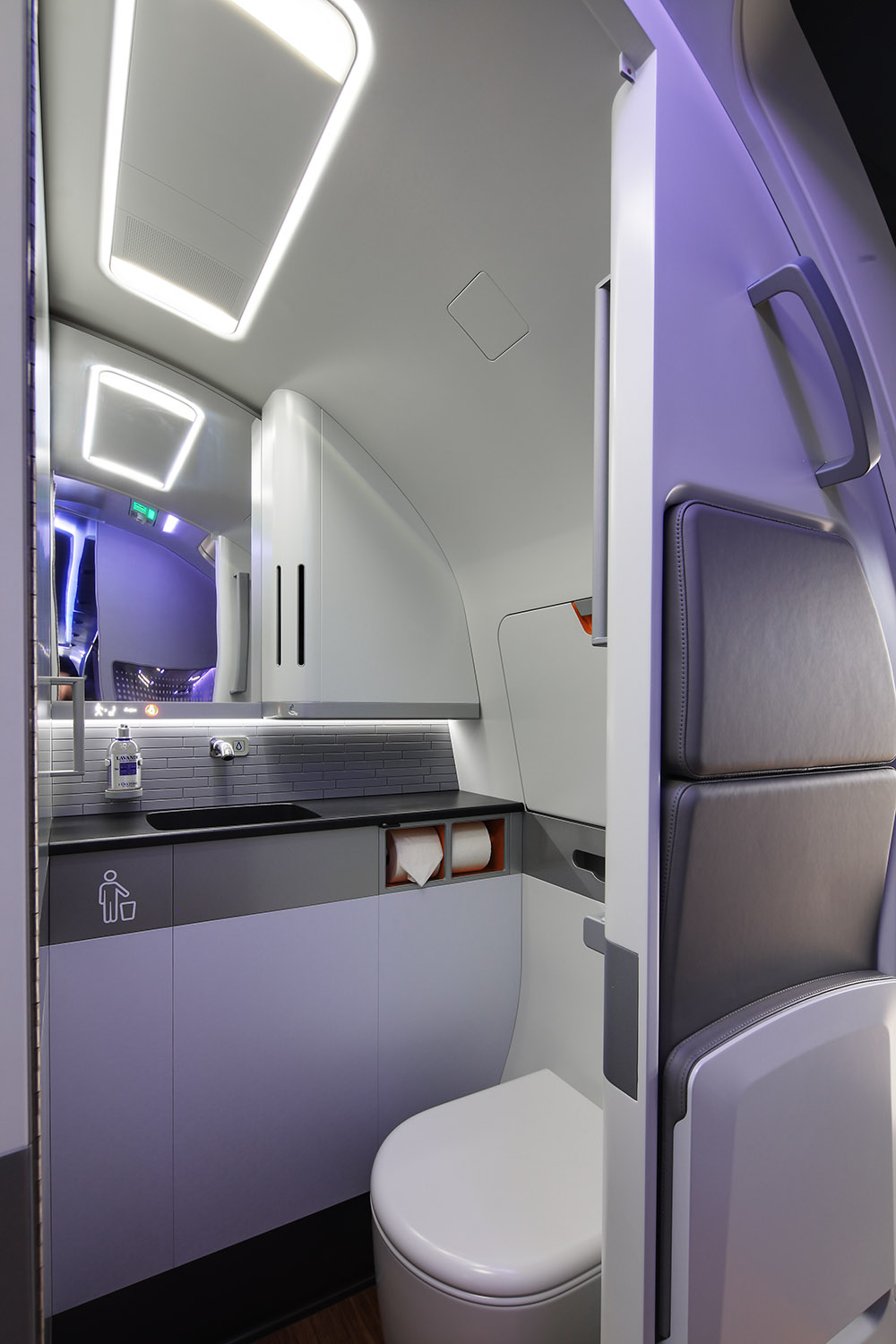 Inside Embraer E2 cabin mock-up, Farnborough Airshow, UK