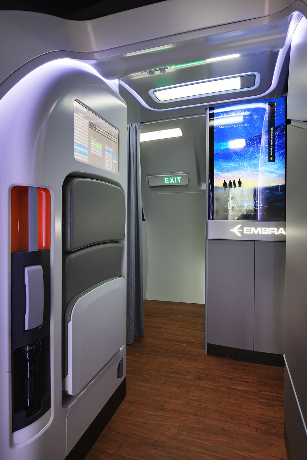 Inside Embraer E2 cabin mock-up, Farnborough Airshow, UK