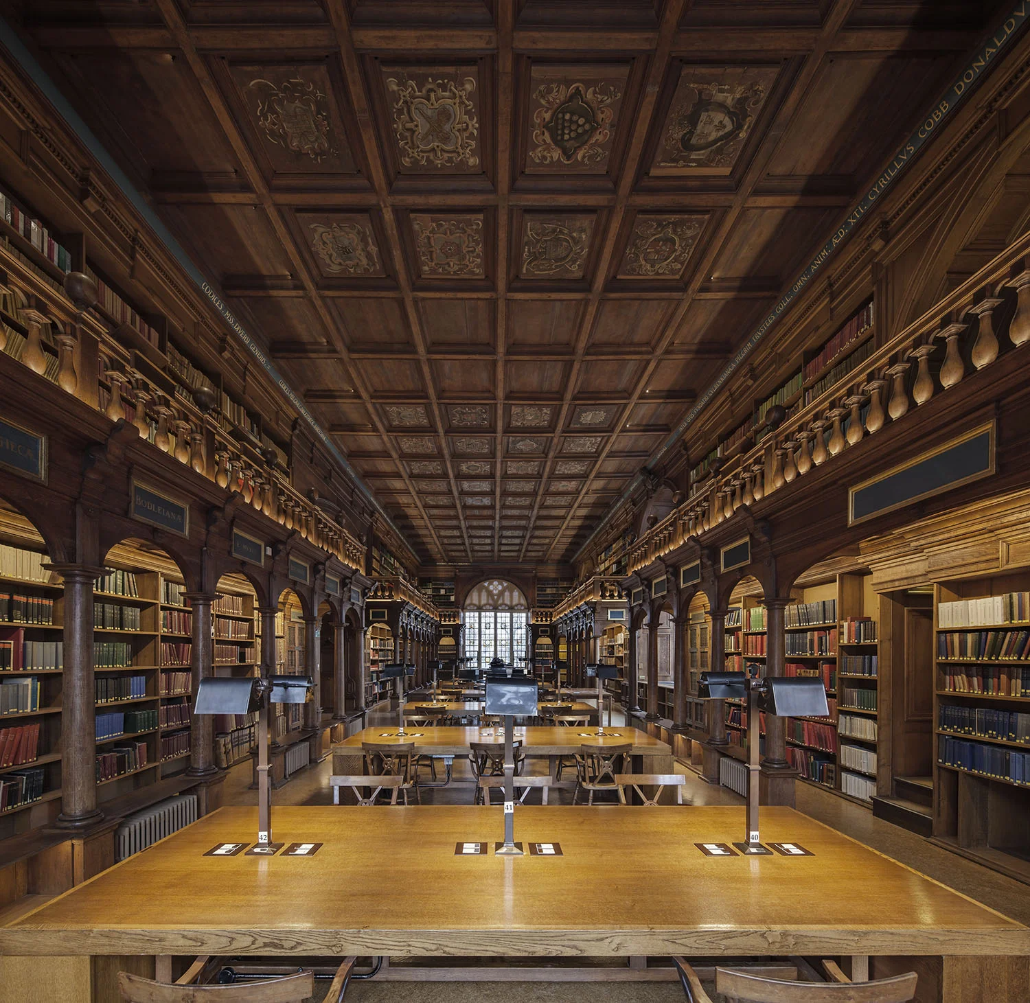 Photography by Dan Paton showcasing the new lighting installation by Urban Jungle and Oxford University Estates in Duke Humfrey's Library - the oldest part of the Bodleian Library, University of Oxford, Oxford, UK