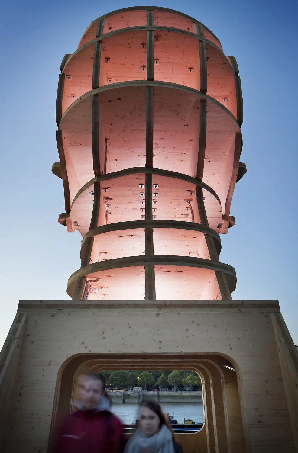 Light sculpture, "Head Above Water" by Steuart Padwick on the Oxo Tower pier, South Bank, London. Interactive lighting installation by Hoare Lea Lighting. The sculpture supports Time to Change's campaign to remove the stigma of mental illness.
