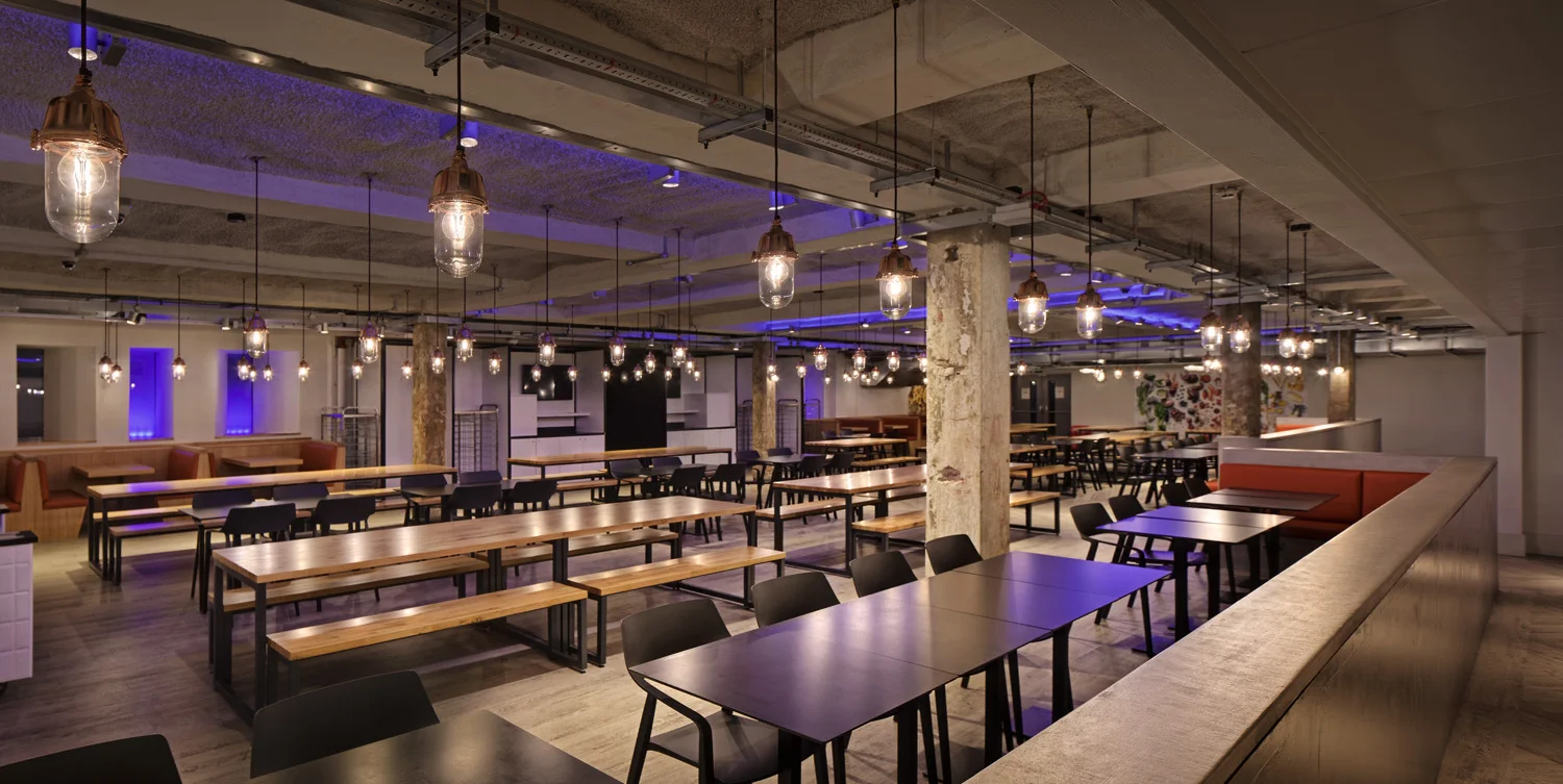 New lighting installations by Hoare Lea at Kings College London Student Union, in Bush House, London, UK.
