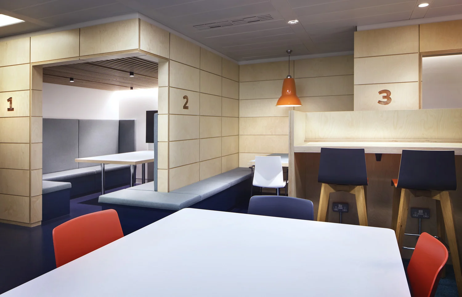 New lighting installations by Hoare Lea at Kings College London Student Union, in Bush House, London, UK.