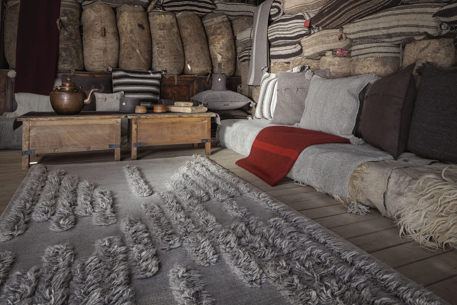 Traditional tent interior with Norlha soft furnishings, Lungta Cooperative, Amdo, Tibet