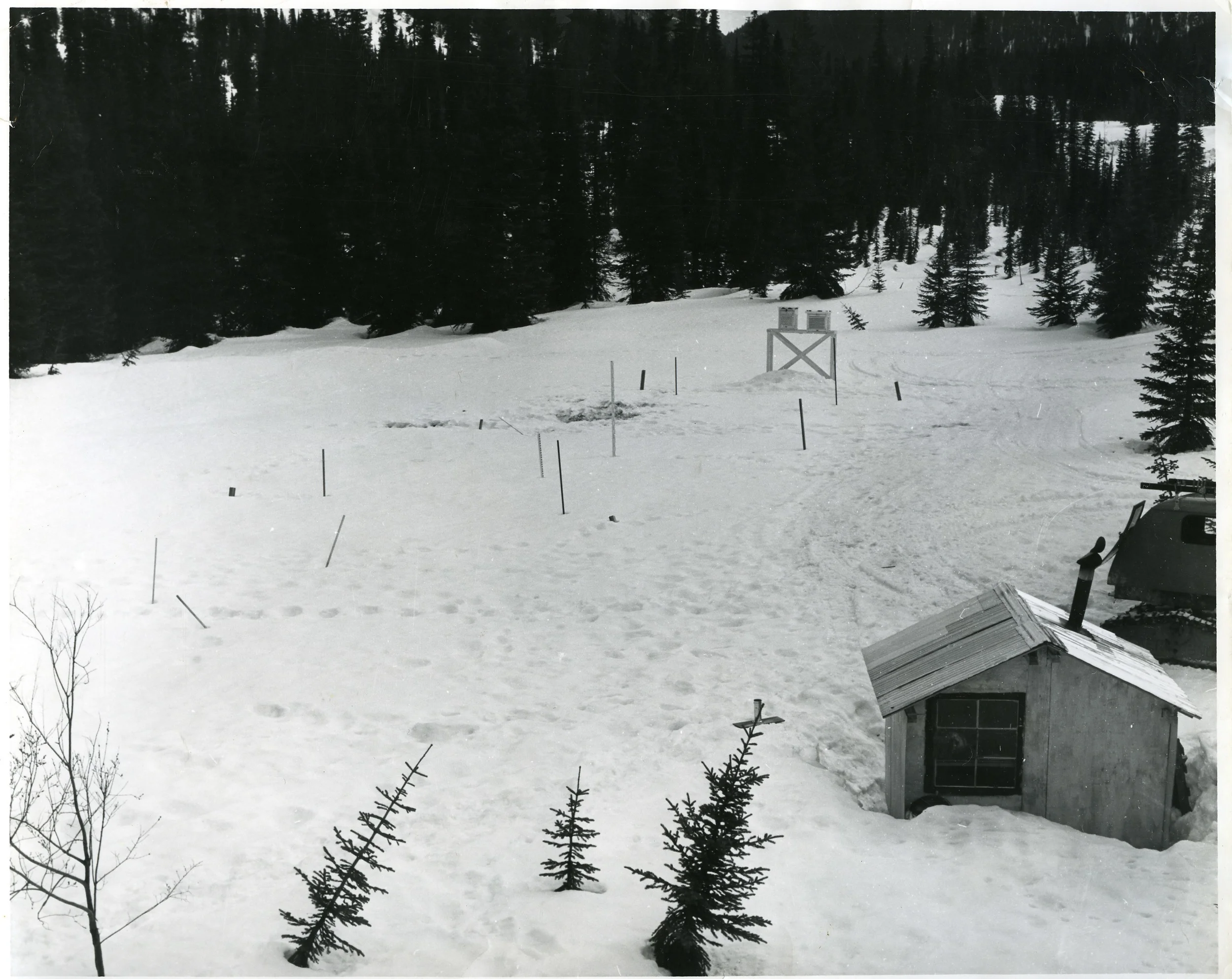 PSA.94 Snow and weather study plot at Rogers Pass in 1957-1960. The hut housed the anemometer