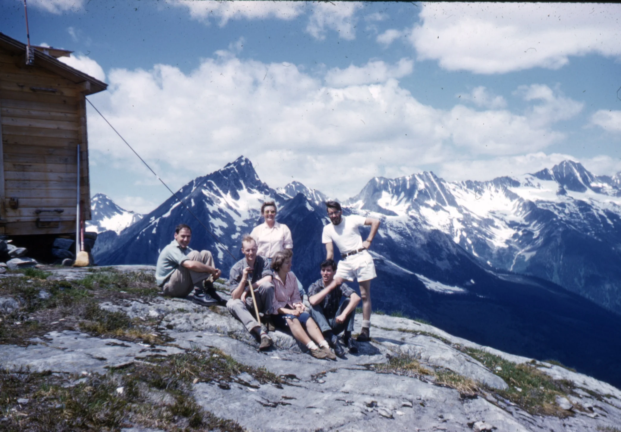 PSS.14 L., E. Smith, P. J., B. de Jong, C. Casey at Cabin at Mt. Abbott. c. 1958