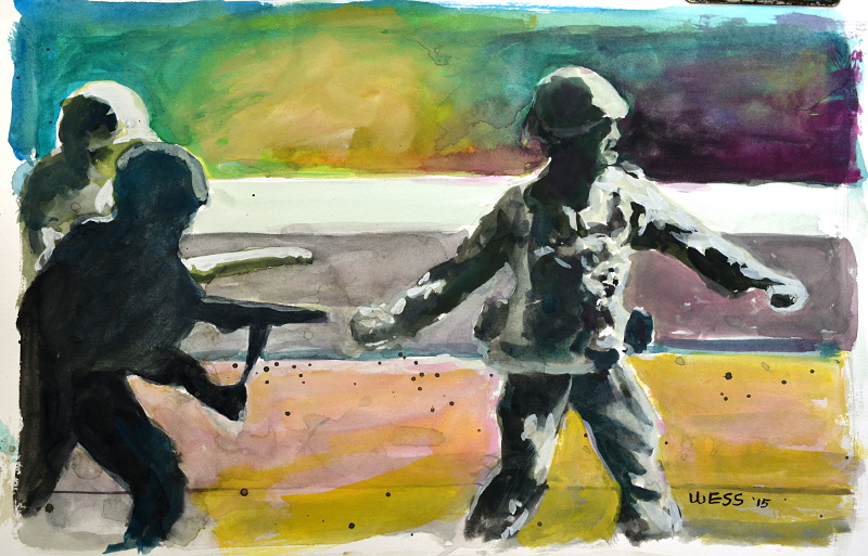Army Men, 9x13.5", gouache on paper, $125