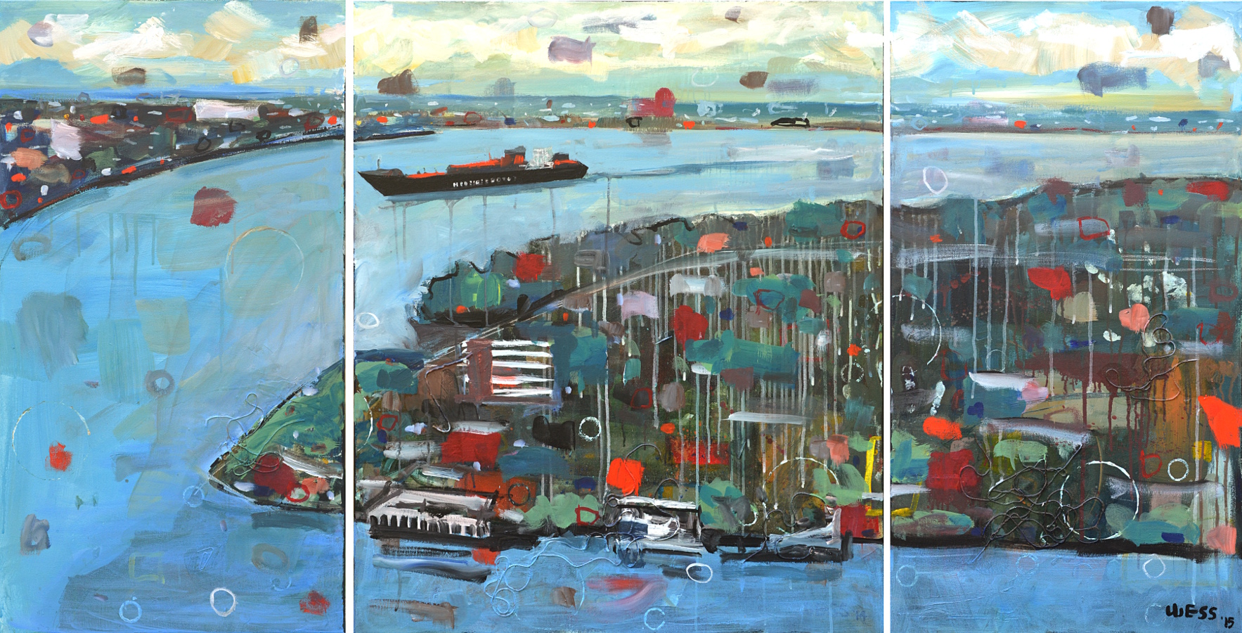 Container Ship Rounding Algiers Point (triptych), 36x72", SOLD