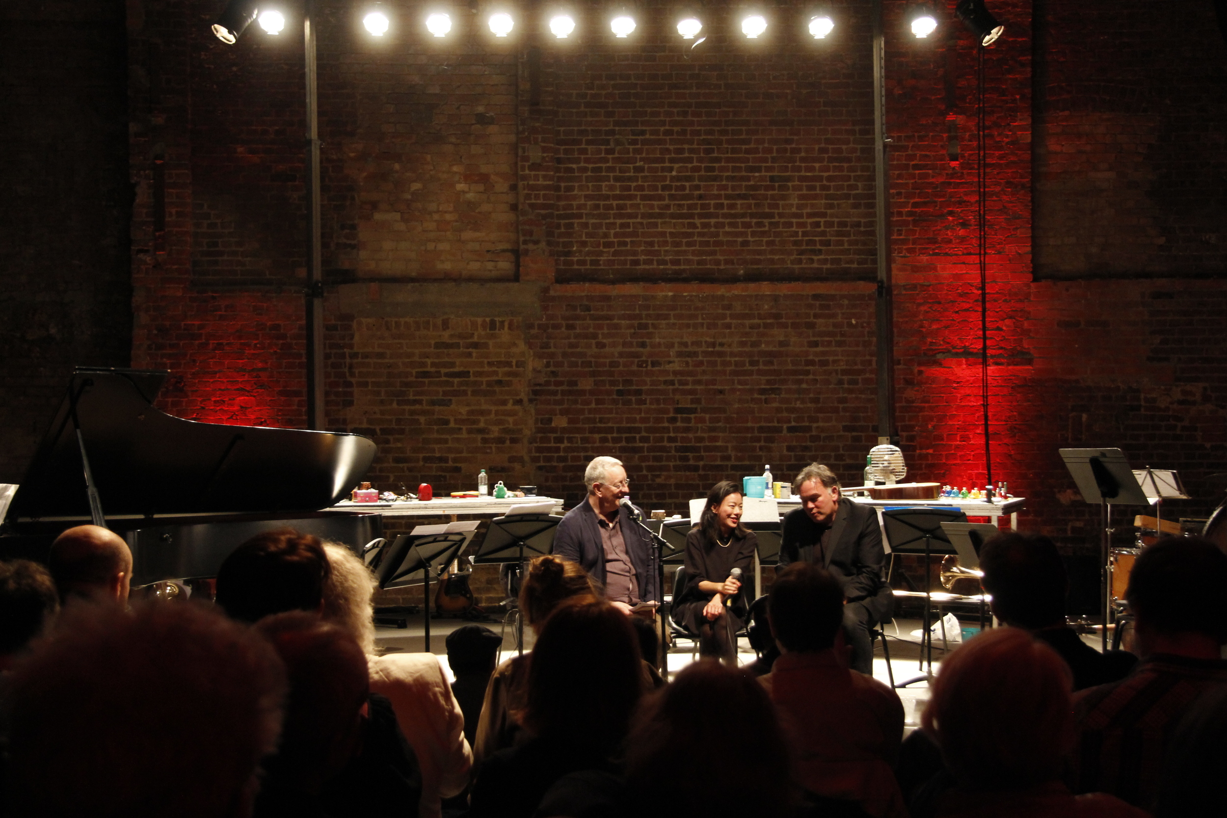Discussing Familiar/Unfamiliar concert with Steve Beresford and Stewart Lee at the Spitalfields Festival, 2014