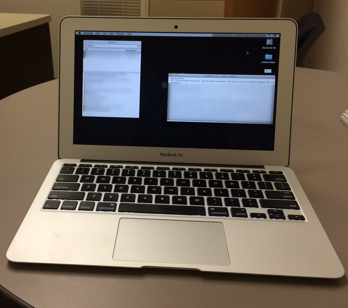 Surface scanning of a web server with Nikto, it's a rather fast way to start the scan. I use Notational Velocity for note taking.