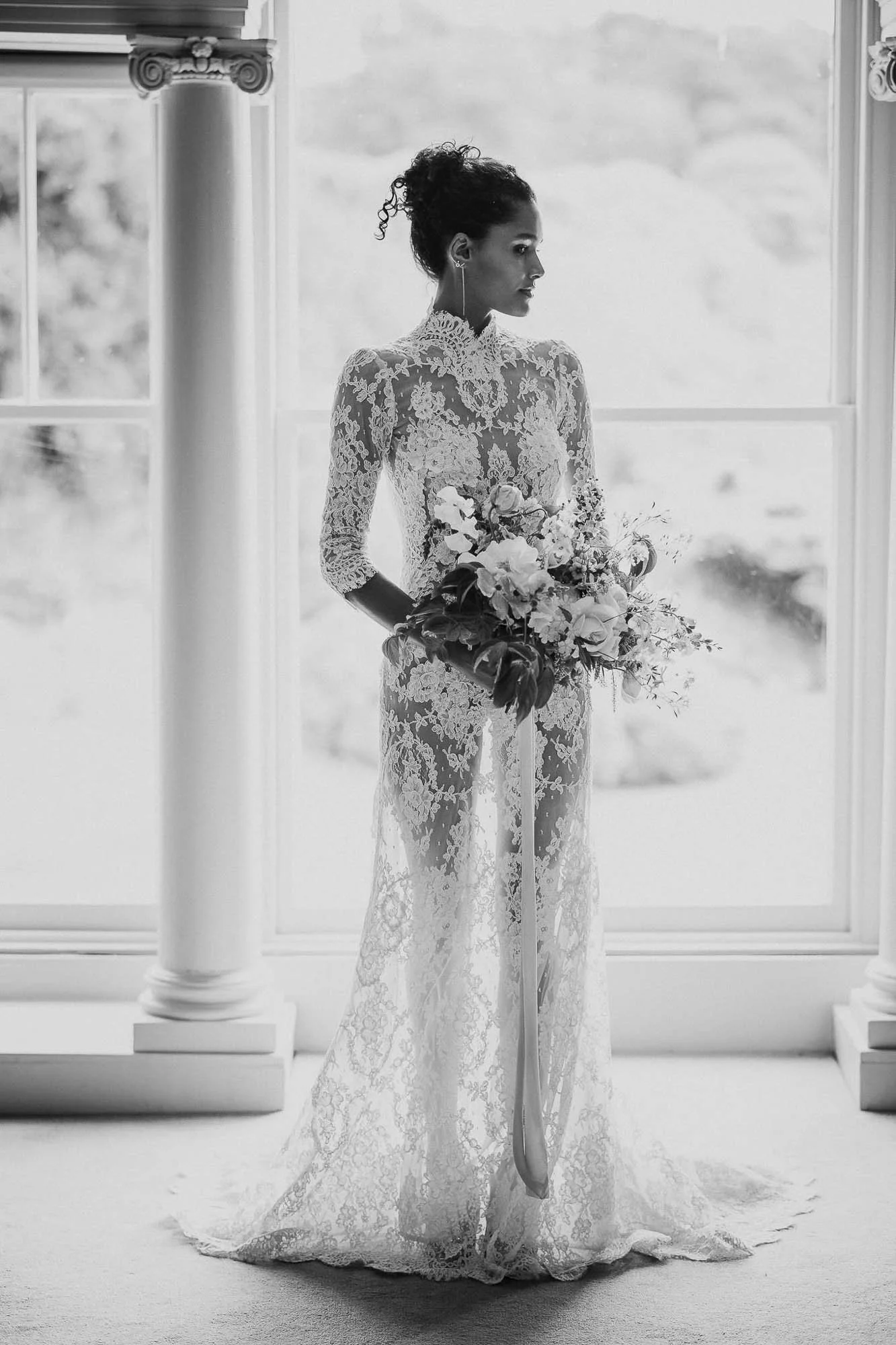 Bridal Portait in black and white at Boconnoc Estate, Cornwall