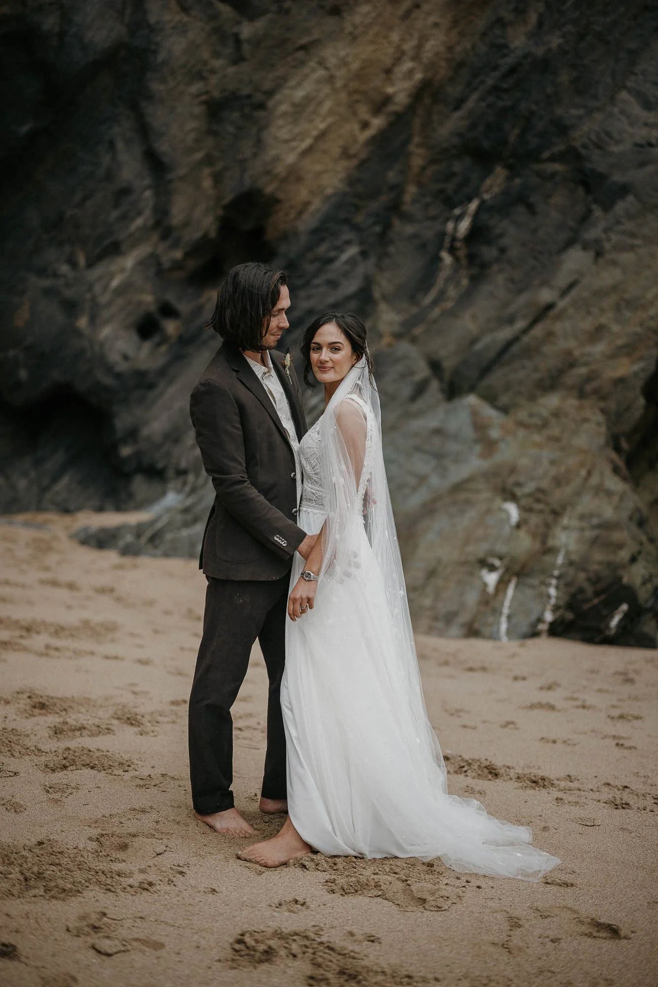 Boho wedding couple on Lusty glaze Beach