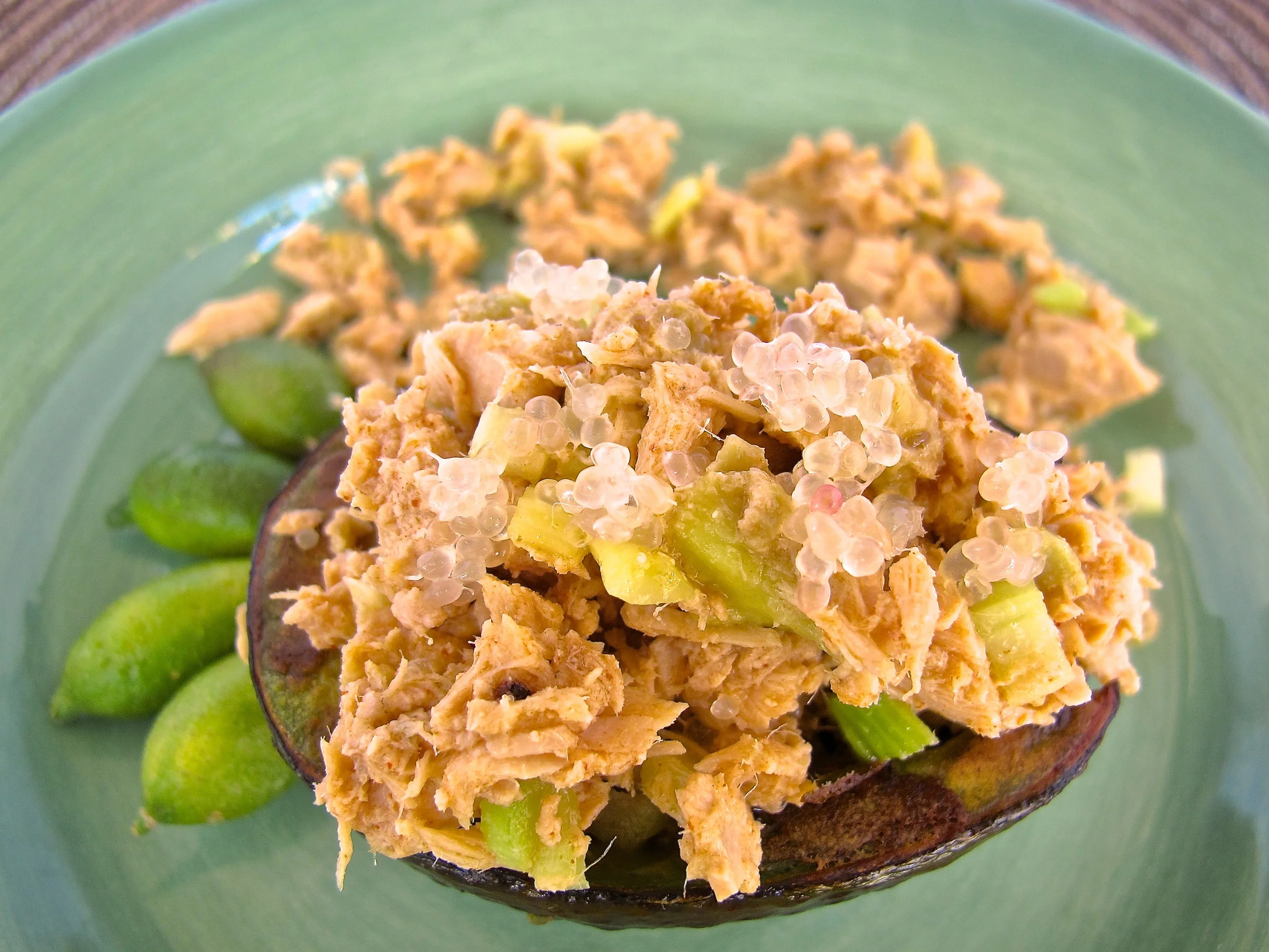 Tuna Stuffed Avocado with Finger Lime Vinaigrette