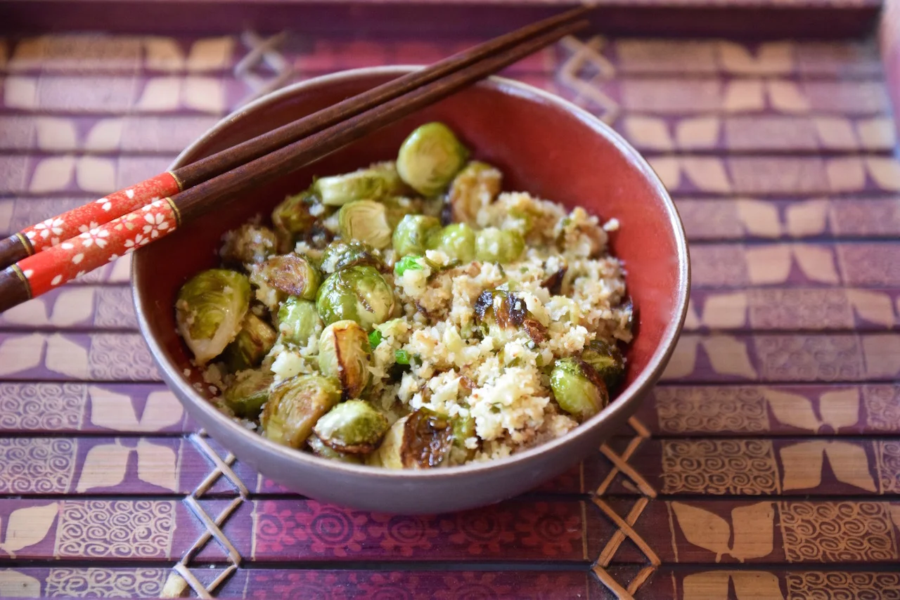 Asian Brussels Sprouts Cauliflower Rice {Paleo, Whole30, Vegan}
