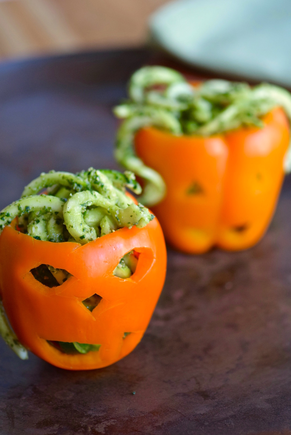 Jack O'Lantern Peppers filled with a zoodle brains