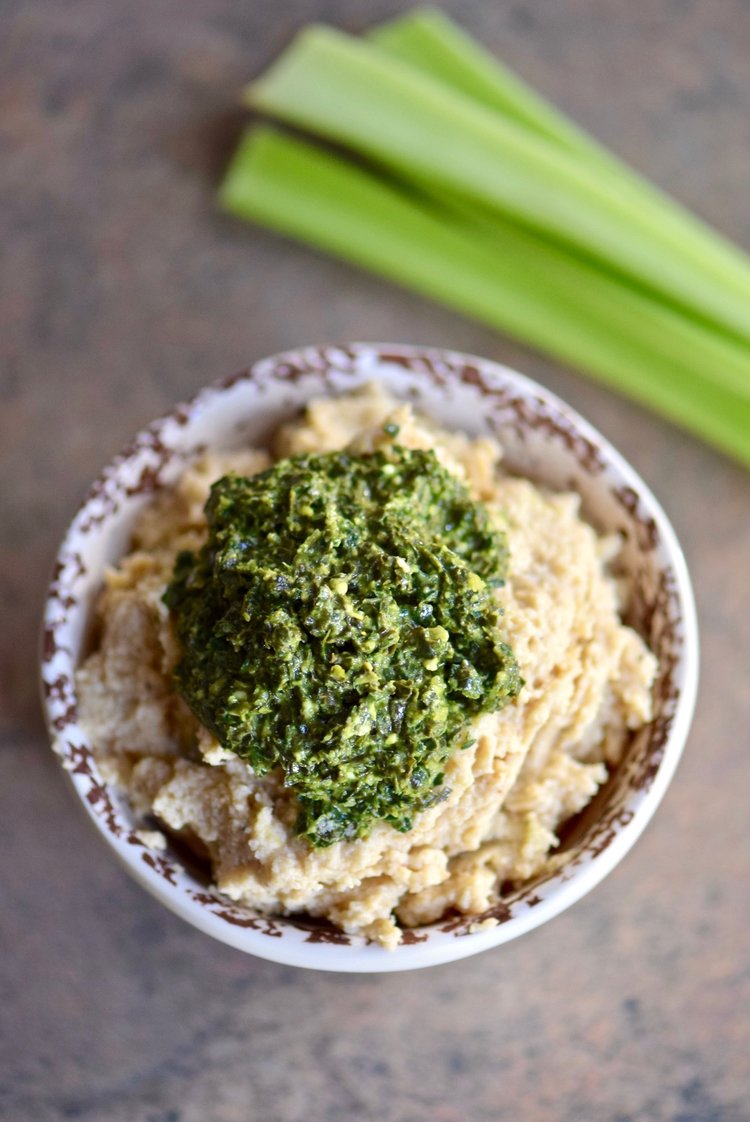 Cauliflower Hummus with Kale Pesto - double down on your veggies with this beanless hummus that's paleo and vegan | TastingPage.com