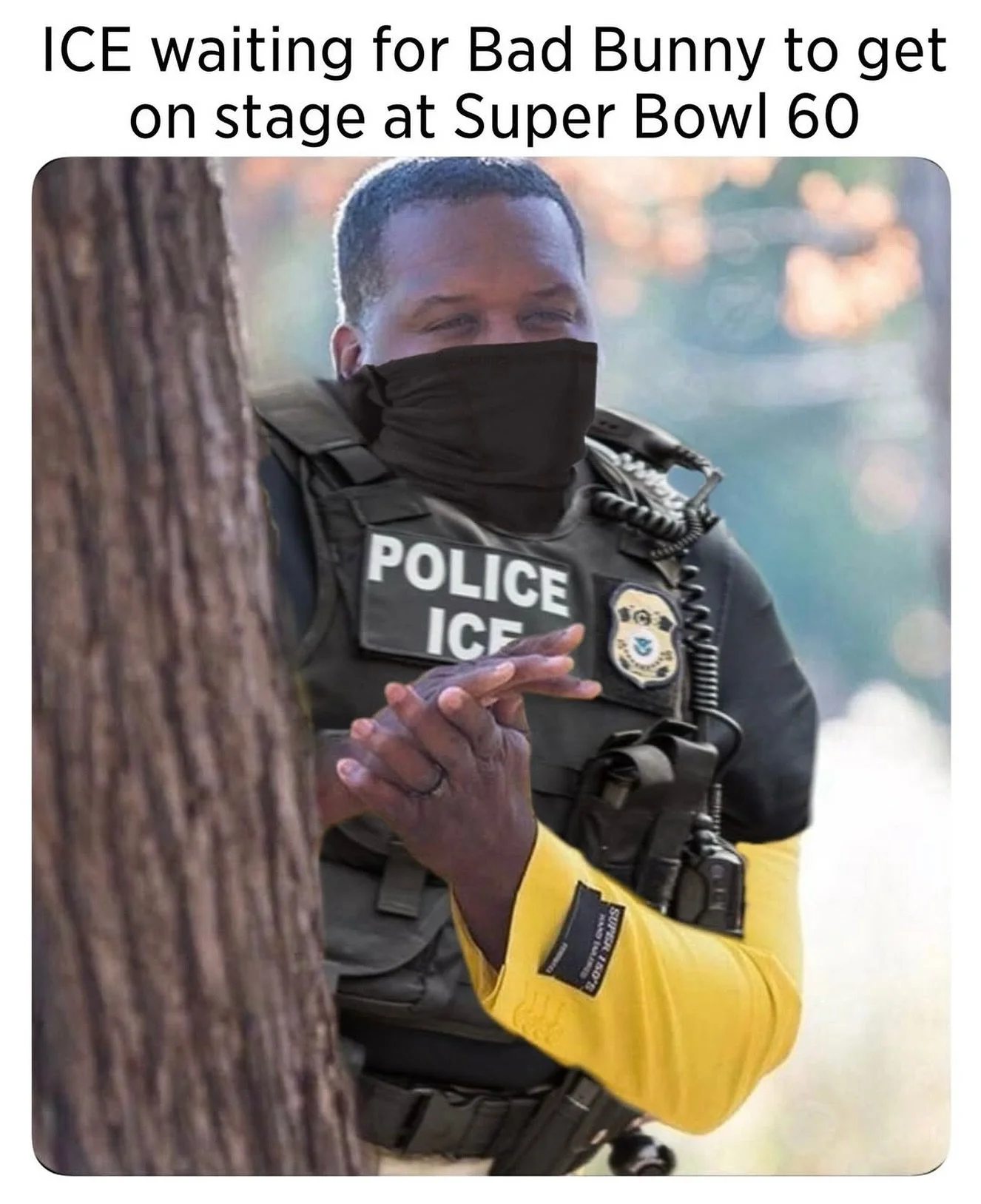 Sorry, I don&rsquo;t know what the song is saying, but apparently I have a couple months to learn #xdman superbowl #ice #migra #dhs #homeland #football #merica #memes #funny