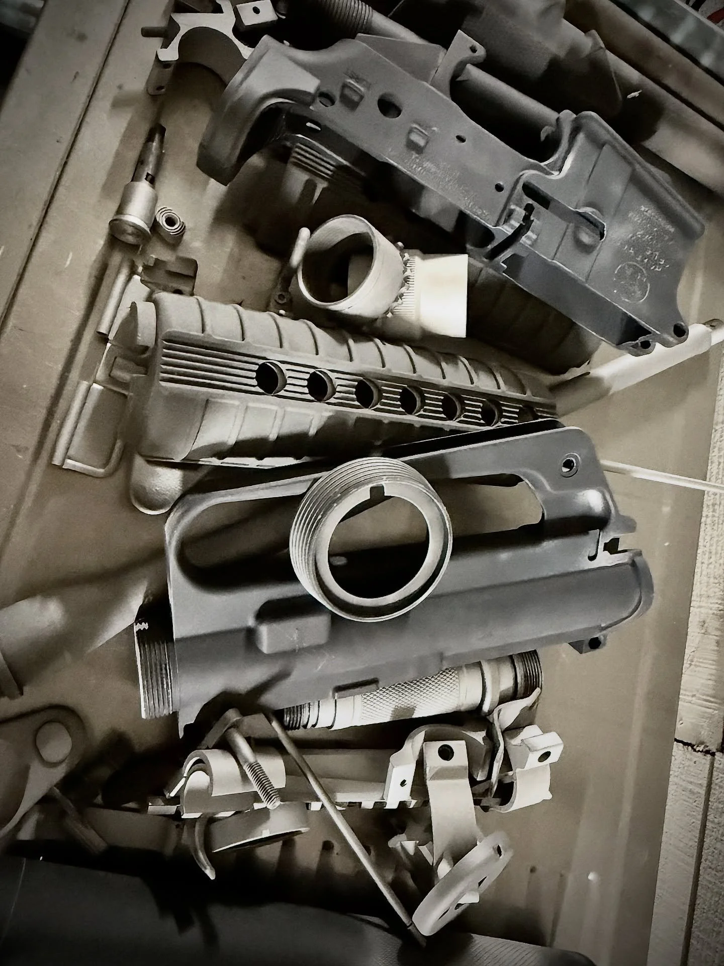 What did you do all afternoon? Me: I removed spray paint from every single piece, bonus in that it did not want to come off.  Spray paint sucks! #xdman #gunsmith #cerakote #ceracoat #duracoat #gunkote #ar15 #pewpewlife #pewprofessional