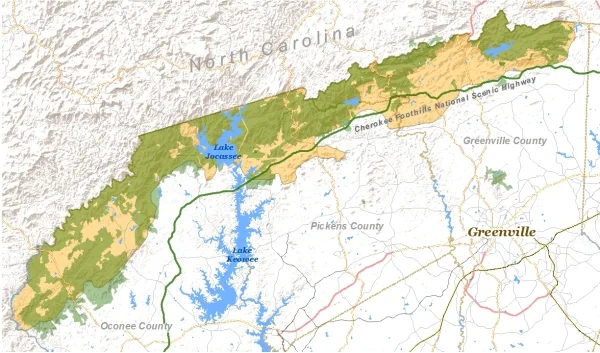 Blue Ridge escarpment of South Carolina. GREEN areas represent protected lands. TAN areas represent remaining unprotected tracts.