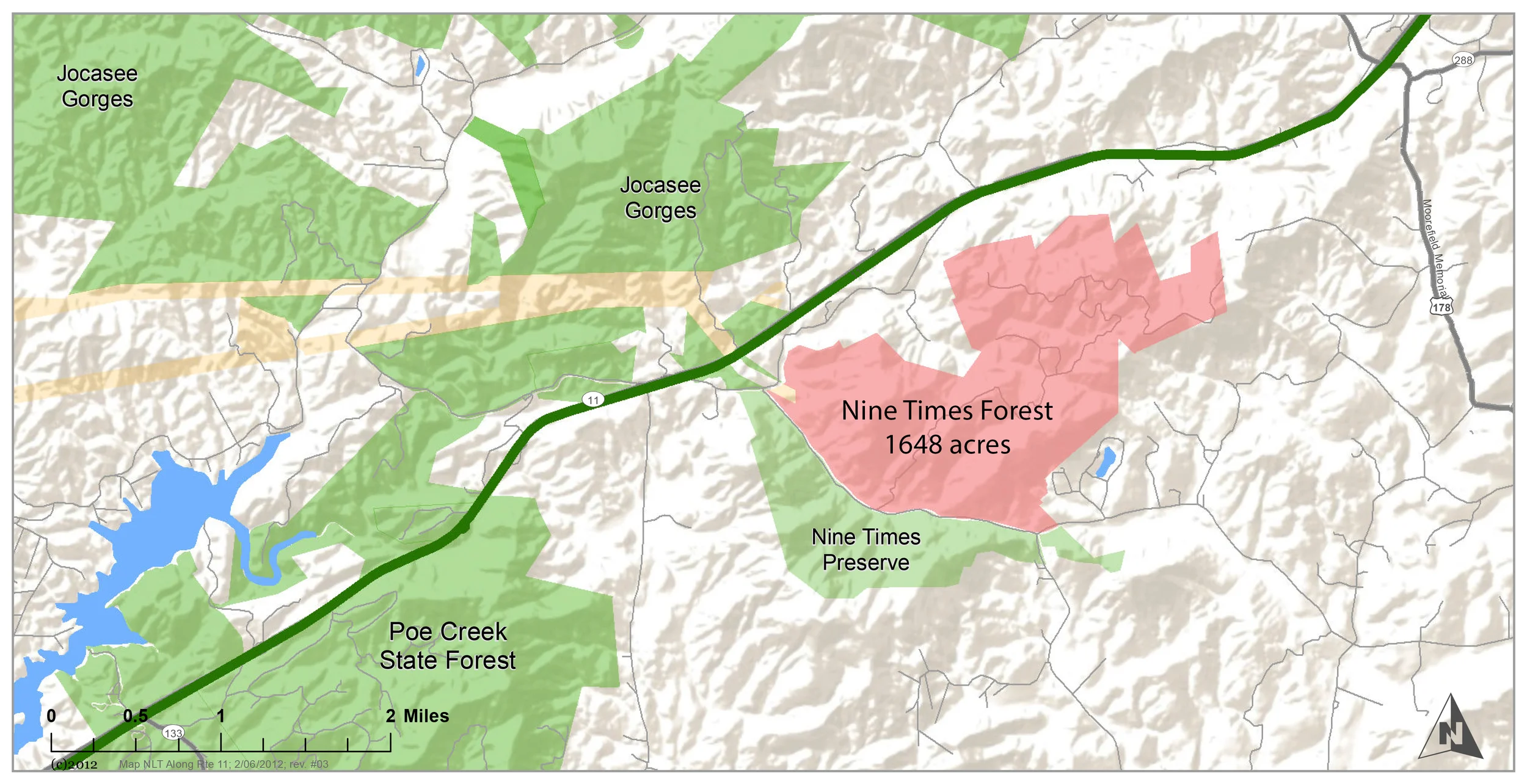 The Nine Times Forest adds a significant piece to the existing matrix of protected lands in Pickens County along Highway 11. 
