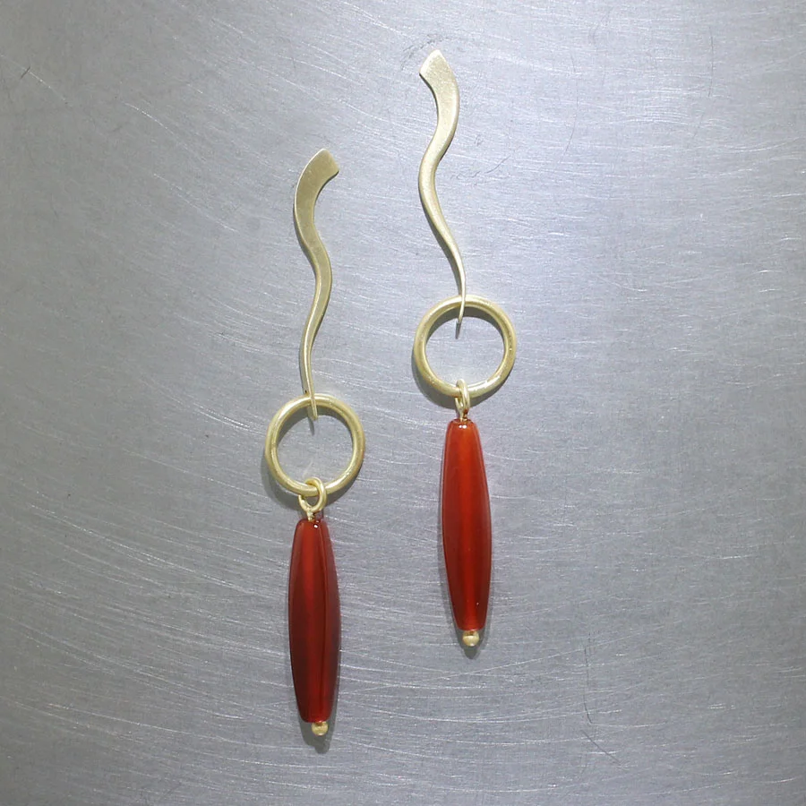 Item #23310912: Curved Forged Wire Earrings with Carnelian Marquise-Shape Drops, 18kt Yellow Gold