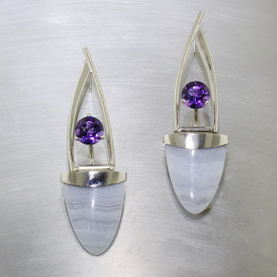 Item #23310918: Swingy Pendulum Earrings Featuring Lace Agate Triangles & Amethyst Accents, 14kt White Gold