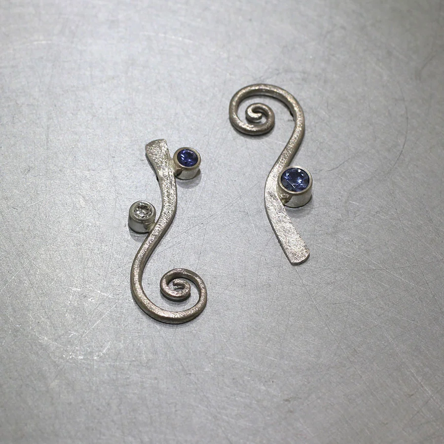 Item #22710169: Spiraling Bezel-Set Sapphire & Diamond Earrings, 18kt White Gold