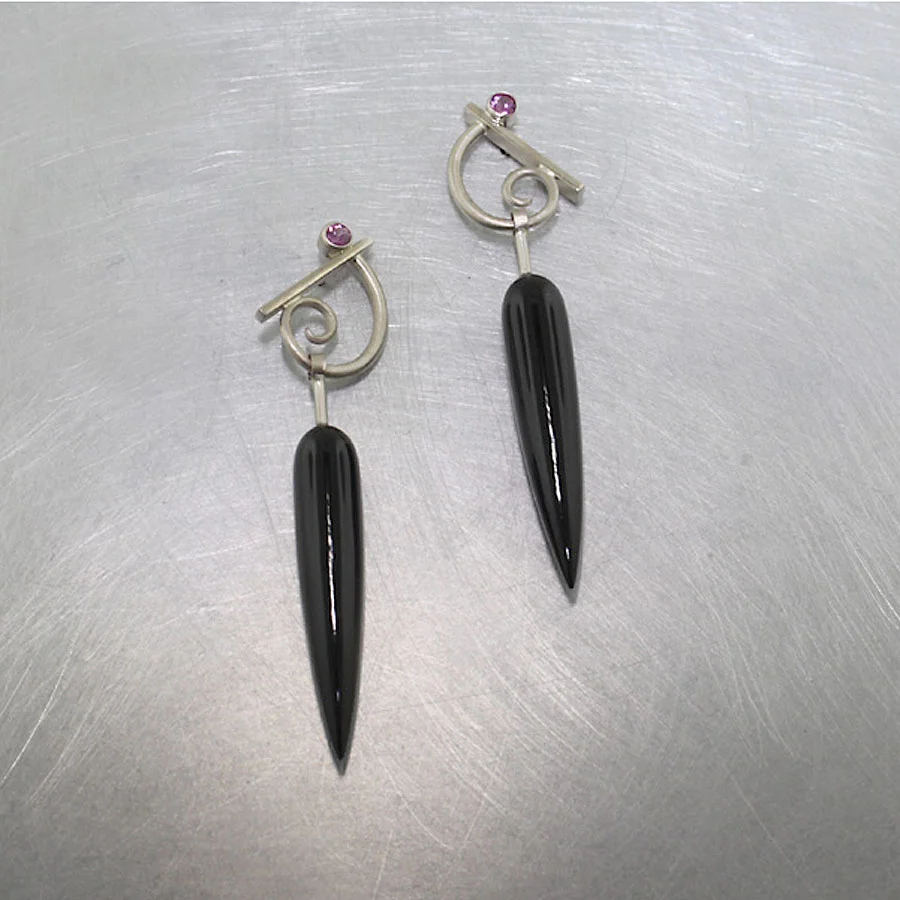 Item #23310857: black jade/pink sapphire and 14KW earrings