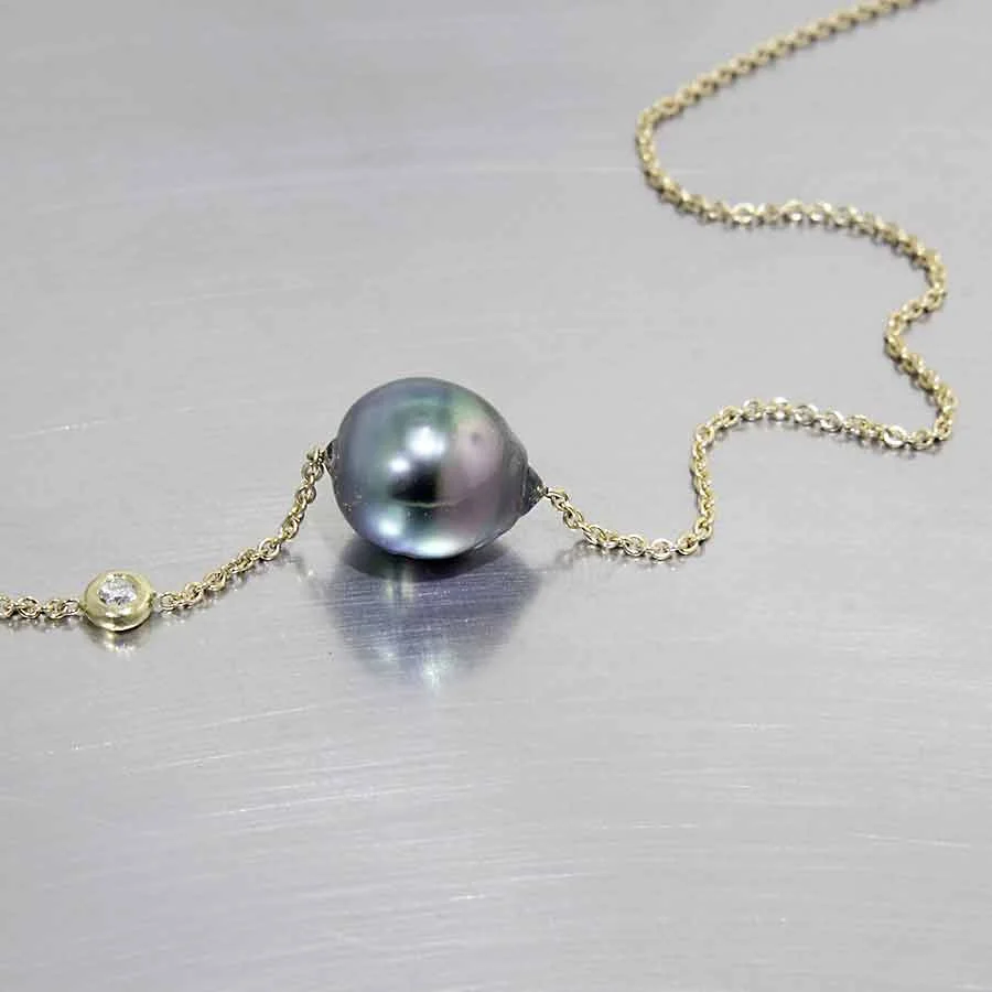 Style #24510233: LUSTROUS PEACOCK-COLOR TAHITIAN PEARL & DIAMOND NECKLACE, 18KY GOLD ADJUSTABLE CABLE CHAIN