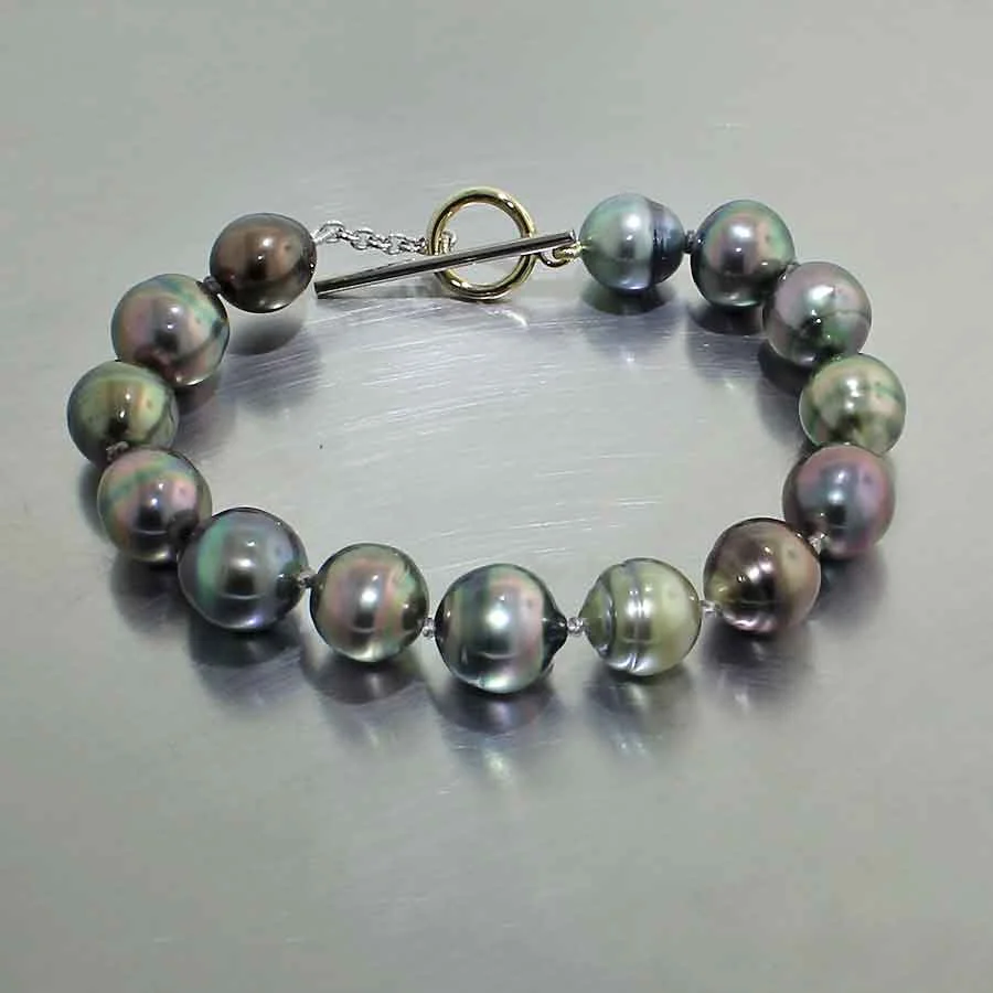 Style #24310070: MULTI-COLOR NATURAL CULTURED TAHITIAN PEARL BRACELET W/ TOGGLE-BAR CLASP, 18KY & 14KW GOLD