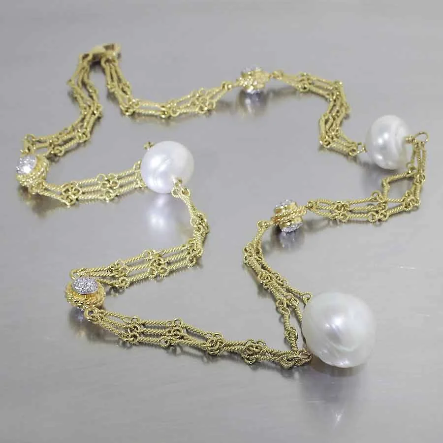 Style #24510231: Ornate 18KY Gold Tri-Strand Necklace Featuring 3 White South Sea Pearls & Diamond Cluster Accents