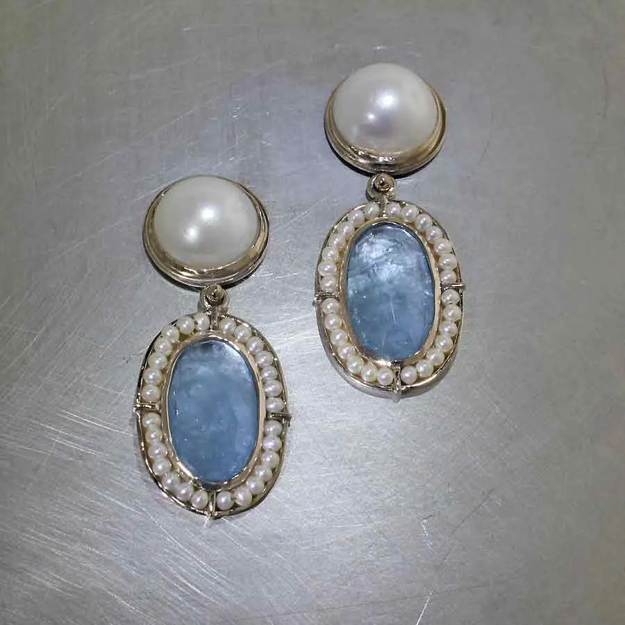 Style #23311064: Sophisticated, Vintage-Inspired Cleaved Pearl & Aquamarine Drop Earrings, 14KW Gold