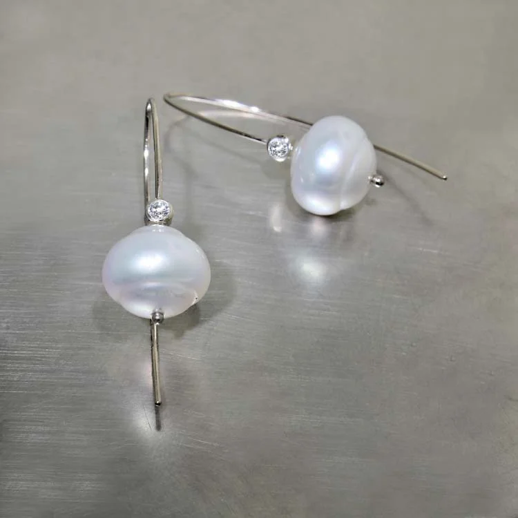 South Sea Pearl & Diamond Drop Earrings, 14KW