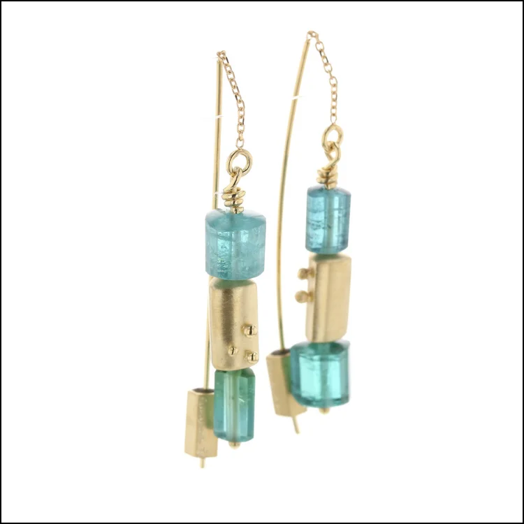 Style #23311124 Green Tourmaline Beads with 18KY Gold Block Threader-Style Earrings