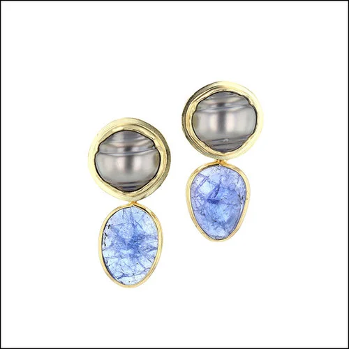 Style #23311100 Cleaved Tahitian Pearl Earrings w/ Removable Tanzanite Drops, 18KY