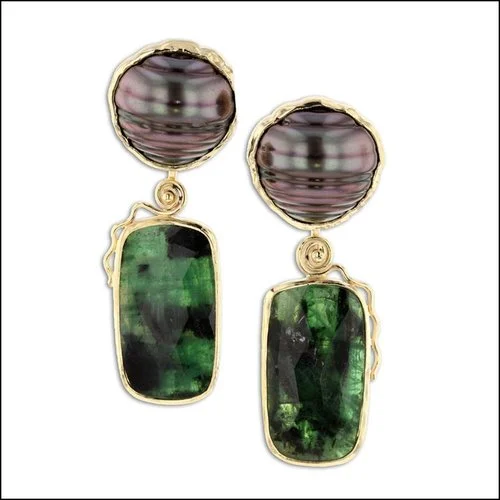 Style #26710029 Cleaved Tahitian Pearl Earrings w/ Rose-Cut Emerald Drops, 18KY