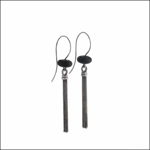Style #28110465 Black Lava Bead Earrings Embellished by Oxidized Sterling Silver Tassels