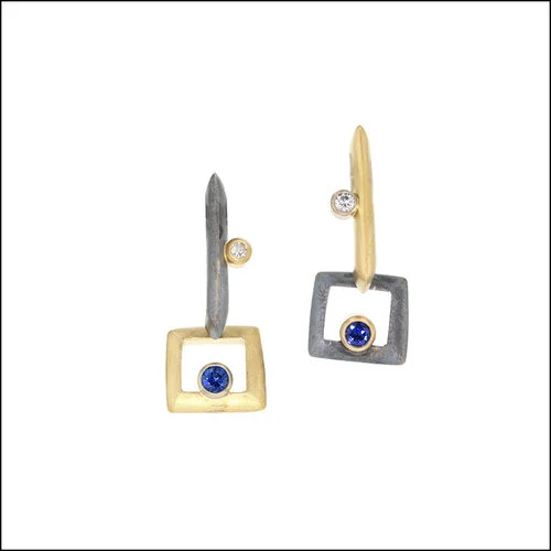 Style #22710189 Sapphire & Diamond Swingy Open-Frame Dangles, 18KY & Oxidized Sterling Silver