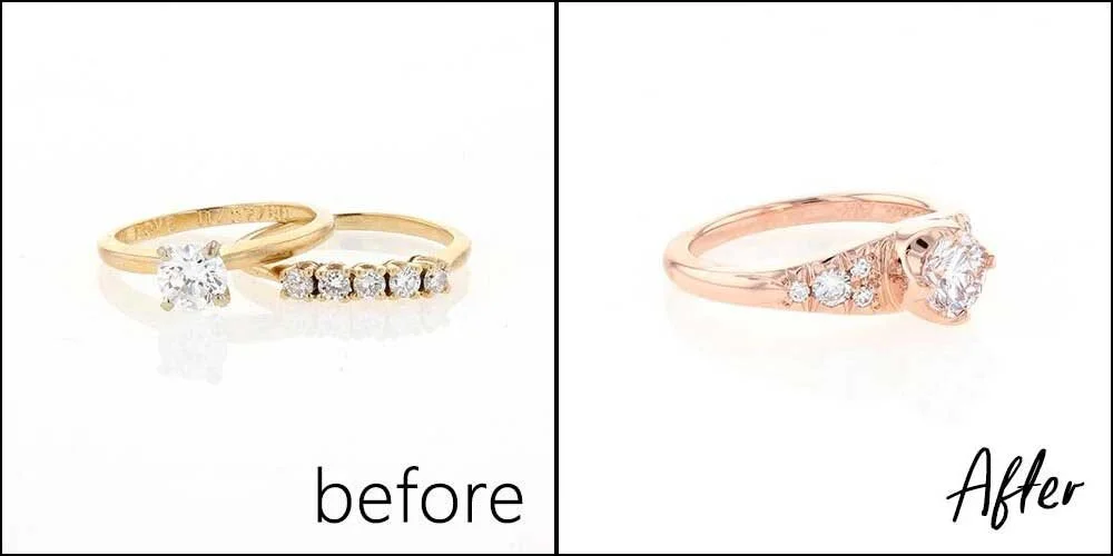 old wedding set transformed into new rose gold and diamond wedding set
