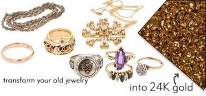 various articles of jewelry before gemstones are removed and refined into 24K gold on right of image